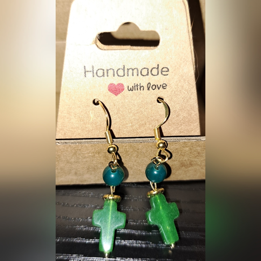 Semiprecious Green Agate Cross Dangle Earrings in 14K Over Sterling